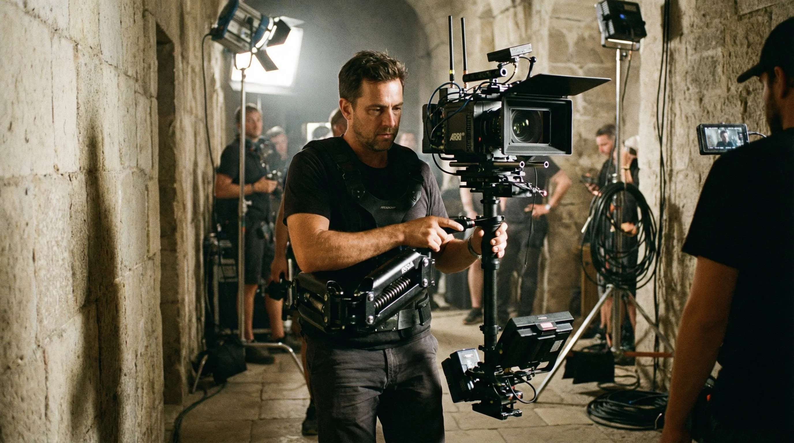 专业斯坦尼康摄影师操作稳定器拍摄长镜头